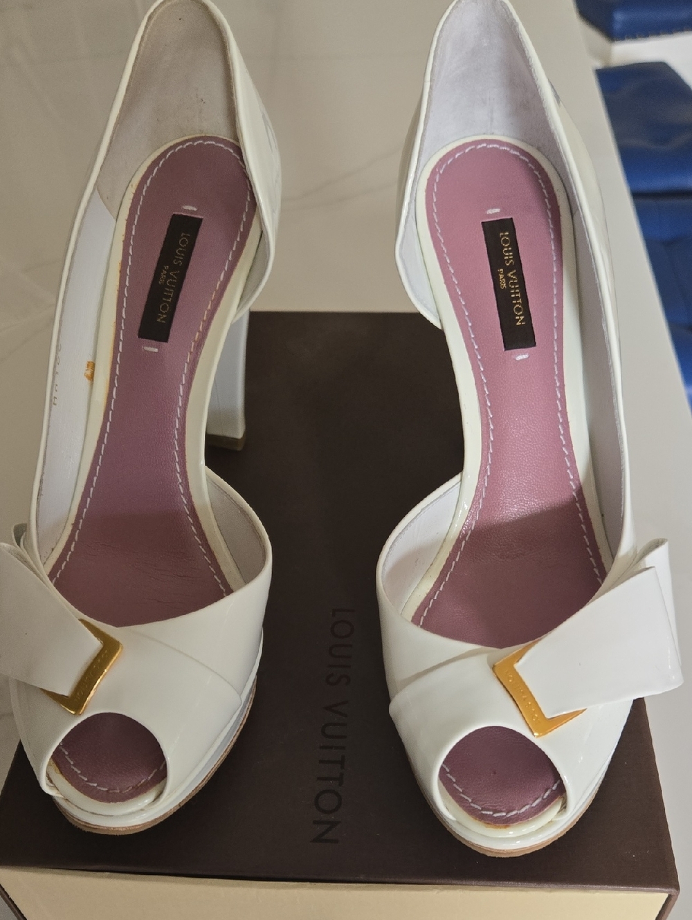 Louis Vuitton White Peep-Toe Heels with Gold Accent